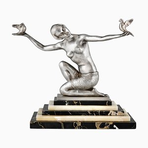 Joan Salvado Voltas, Sculpture Art Déco de Danseuse avec Oiseaux, 1930, Bronze sur Socle en Marbre