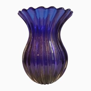 Jarrón de vidrio azul con inclusiones doradas de Archimedes Seguso, Murano, Italia, años 70