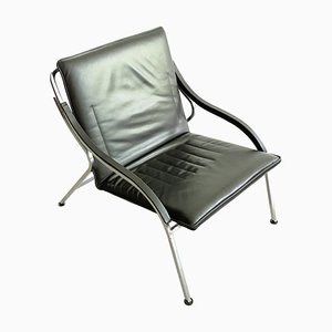 Fauteuil Fourline en Cuir Noir et Métal Plaqué Chrome par Marco Zanuso pour Arflex, 1970s