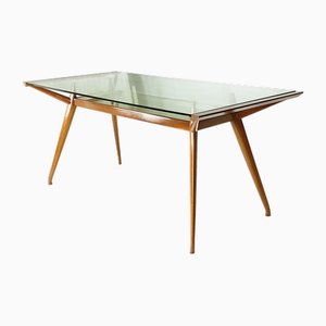 Mesa de comedor italiana Mid-Century moderna de madera de haya y vidrio de Isa, años 50