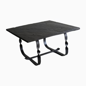 Wrought Metal and Black Stone Square Coffee Table, France, 1970s