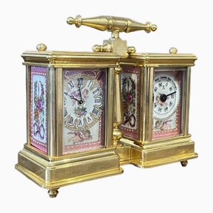 Double Carriage Clock and Barometer with Cherub Decorated Porcelain Panels