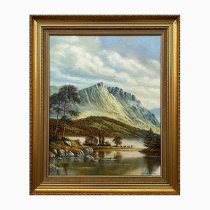 Spencer Coleman, Escena de campo de montaña con lago, pájaros y ganado en Inglaterra, 1995, pintura al óleo, enmarcado