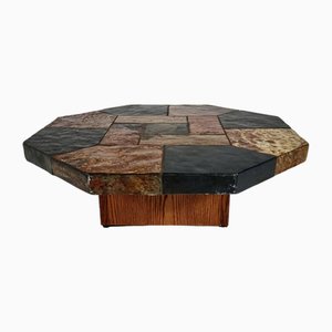 Table Basse Hexagonale Brutaliste en Ardoise et Bois, Belgique, 1970s