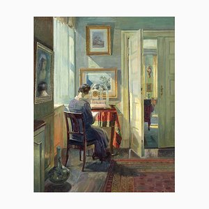Robert Panitzsch, Sunlit Interior with Lady Reading, Early 20th Century, Oil Painting