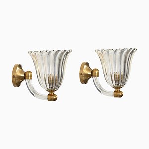 Murano Glass and Brass Flower Sconces attributed to Barovier, Italy, 1950s, Set of 2