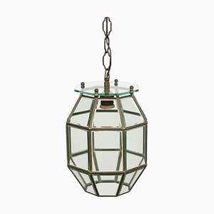 Lantern Ceiling Light in Brass and Beveled Glass in the style of Adolf Loos, Italy, 1950s