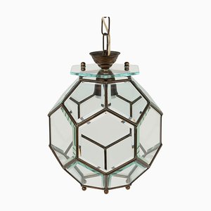 Mid-Century Ceiling Light in Brass and Beveled Glass in the style of Adolf Loos, Italy, 1950s