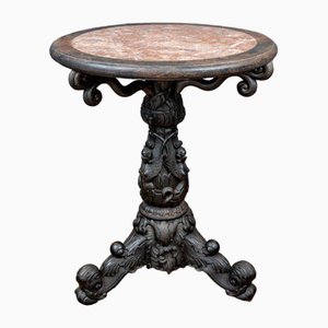 19th Century Indochina Ironwood Pedestal Table with Winged Character Marble Top