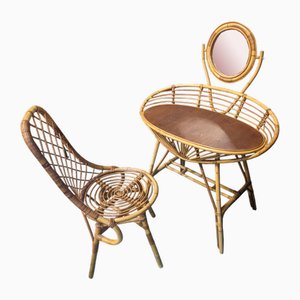 Rattan Dressing Table and Chair, Set of 2