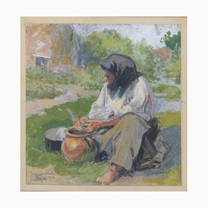 Bäuerin raucht Pfeife bei der Arbeit, Aquarell, 1890er, gerahmt