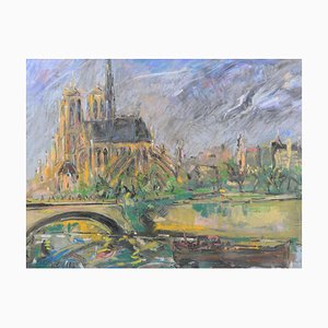 Joan Abelló Prat, Seine and Notre-Dame de Paris, Pastel Drawing