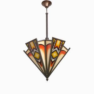 Art Deco Amsterdamse School Stained Glass Hanging Light, 1980s
