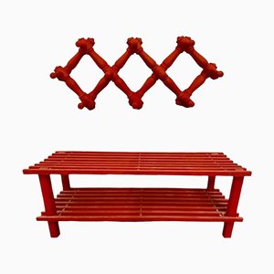 Vintage Wooden Shoe Bench and Hanger Painted in Red, Set of 2
