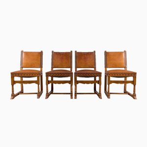 Spanish Leather and Wood Chairs, 1940s, Set of 4