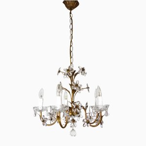Antique Italian Gold-Plated Metal Crystal Flowers Chandelier, 1950s
