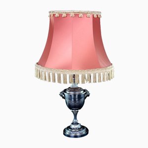 Art Deco Silvered Goats Rose Table Lamp with Pink Silk Lampshade, 1930s