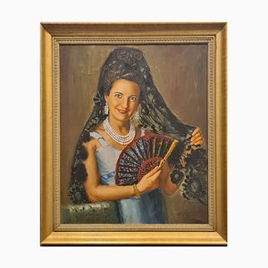 Retrato de niña española, años 50, óleo sobre lienzo, enmarcado
