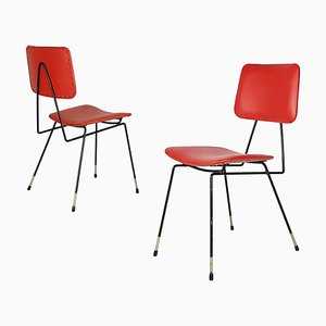 Italian Black Metal & Red Skai Side Chairs, 1950s, Set of 2