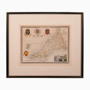 Mapa de litografía inglés antiguo de Cornualles, década de 1850