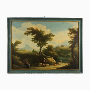 Paysage avec Lavandières à la Rivière, Huile sur Toile, Encadrée