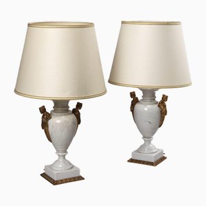 Lampes de Bureau en Marbre Blanc et Bronze Doré, Set de 2