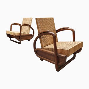 Art Deco Woven Rattan Lounge Chairs, 1930s, Set of 2