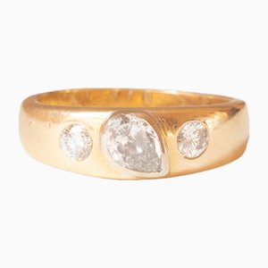 Anello vintage in oro giallo 14k con diamanti a taglio brillante e diamante a pera, anni '80