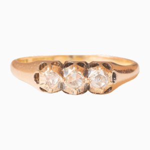 Antico anello Trilogy in oro giallo 14k con diamanti a rosetta, anni '20