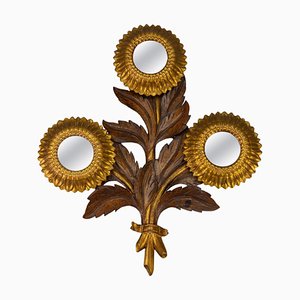 Mid-Century Carved Sunflower-Shaped Brown and Golden Wall Mirror, 1950s