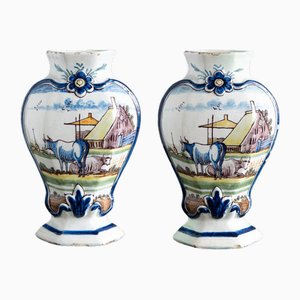 Early 19th Century Dutch Polychrome Vases with Pastoral Decor from Delftware, Set of 2