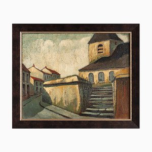 French School Artist, Streetscape with Church, Oil Painting on Board, Early 20th Century, Framed