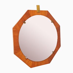 Specchio da parete piccolo in ottone e teak, Italia, anni '60