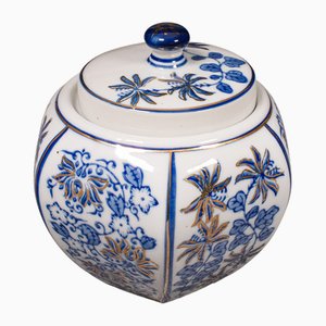 Chinesische Vintage Gewürzdose aus blau-weißer Keramik, 1940er