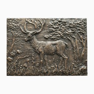 Plaque Relief Cerf Vintage en Bronze, Angleterre, 1950s