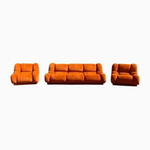 Italian Modular Sofa in Orange Velvet, 1970s, Set of 3