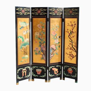 Screen in Chinese Lacquer with Enamel and Lotus Flower Decorations, 1950s