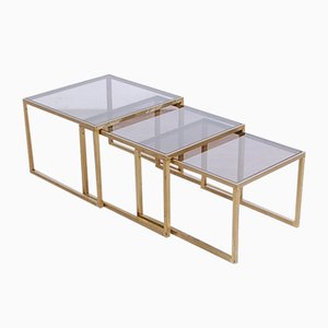 Nesting Tables in Brass and Glass Fumè, 1970s, Set of 3