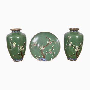 Japanese Cloisonné Enamel Brass Vases, 1920s, Set of 3