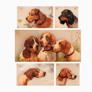 S Bevilacqua, Gun Dogs, 1920, Oil on Marble Paintings, Set of 5