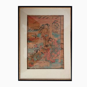 Artiste Japonais, Scènes Figuratives, Fin 19ème Siècle, Estampes sur Papier Crêpe, Set de 2
