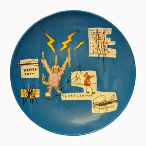 Assiette Les Mécaniciens qui ont toujours un engrenage restant en Porcelaine de Limoges d'après Jean-Michel Basquiat, 1988
