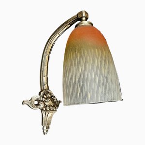Vintage Art Deco Wall Sconces with Mottled Orange and Beige Glass Shades and Cast Bronze Fixtures, France, 1930s