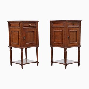 French Oak Bedside Tables with Marble Tops, 1920s, Set of 2