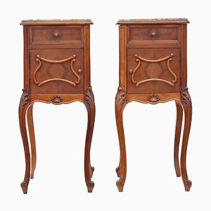 French Walnut Bedside Tables in Marble Tops, 1920s, Set of 2