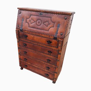 Antique Spanish Leather and Cast Iron Secretary with Drawers