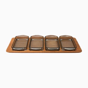 Mid-Century Danish Cabaret Glass Bowls from Holmegaard with Teak Tray from Digsmed, 1960s, Set of 5