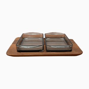 Mid-Century Danish Cabaret Glass Bowls from Holmegaard with Teak Tray from Illums Bolighus, 1960s, Set of 3