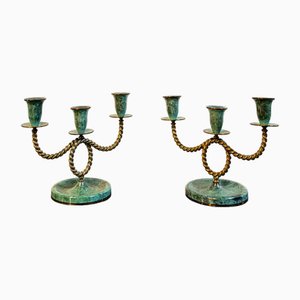 Brass Candleholders in Oxidized Brass, Italy, 1940s, Set of 2