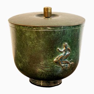 Oxidian Brass Container Vase with Siren Decoration, Italy, 1940s